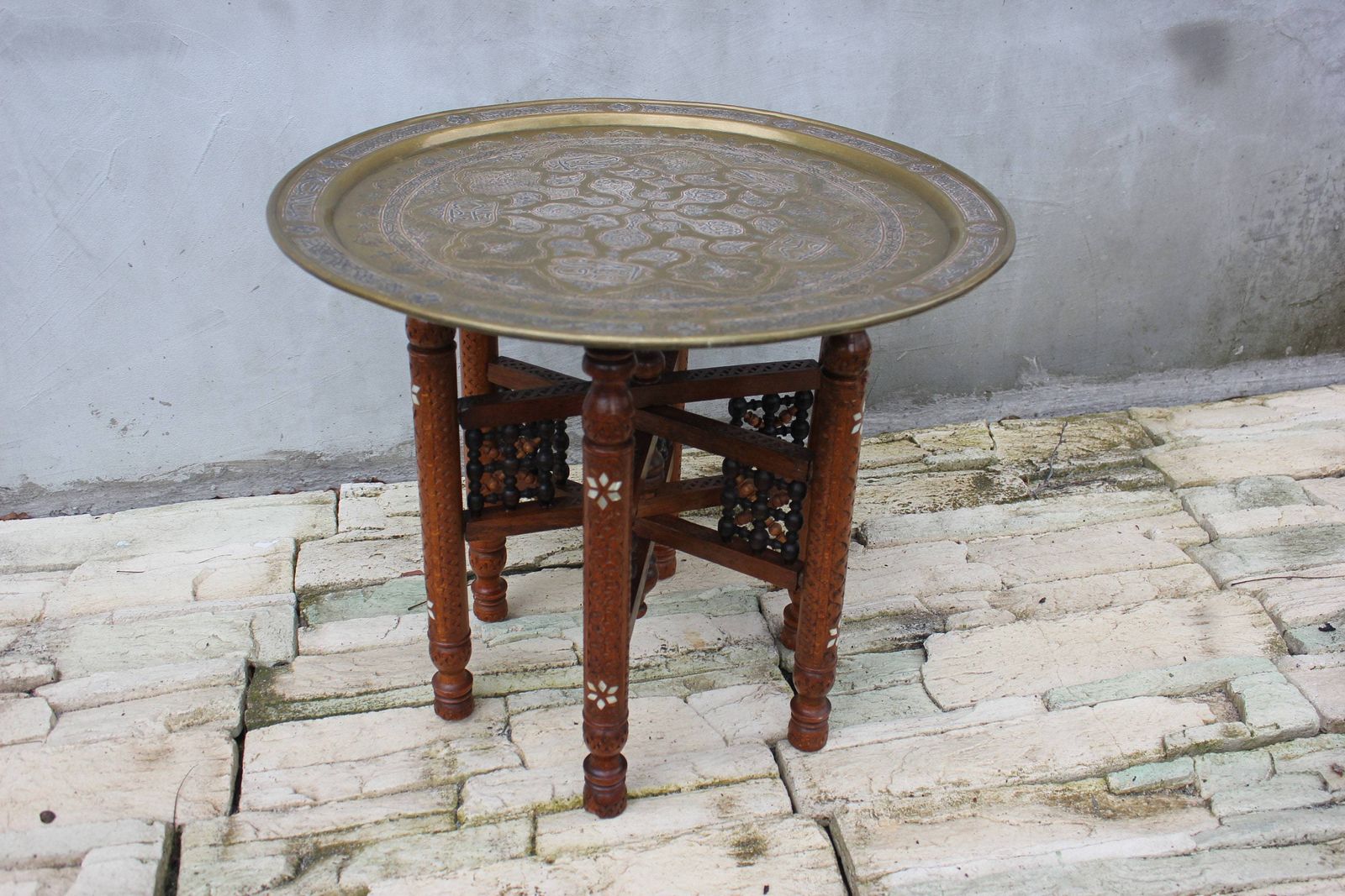 Moroccan Folding Brass Tray Table Oriental Coffee Table Accent Islamic Style Furniture