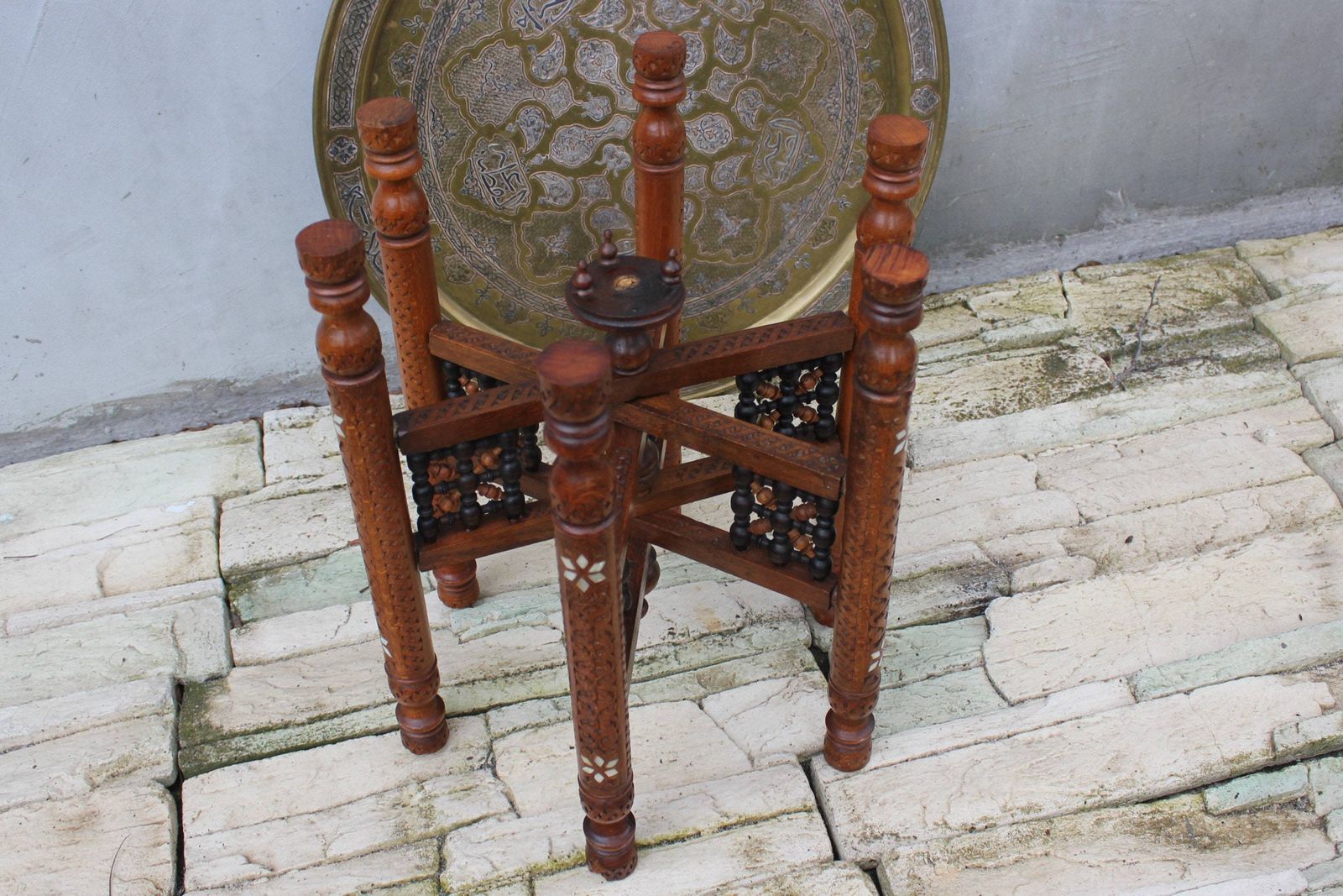 Moroccan Folding Brass Tray Table Oriental Coffee Table Accent Islamic Style Furniture photo for sale