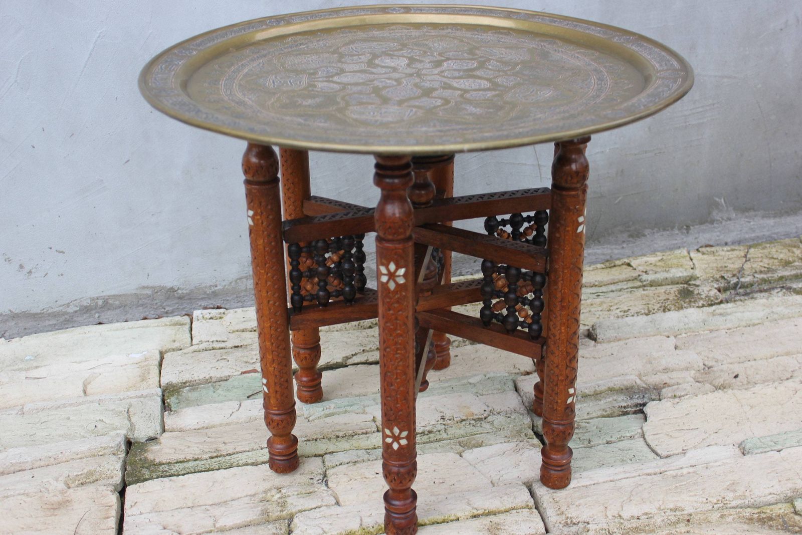Moroccan Folding Brass Tray Table Oriental Coffee Table Accent Islamic Style Furniture photo 410.0