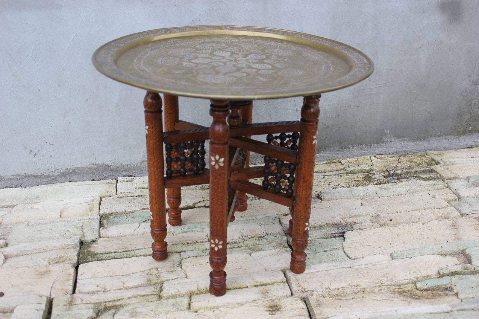 Moroccan Folding Brass Tray Table Oriental Coffee Table Accent Islamic Style Furniture photo vinterior