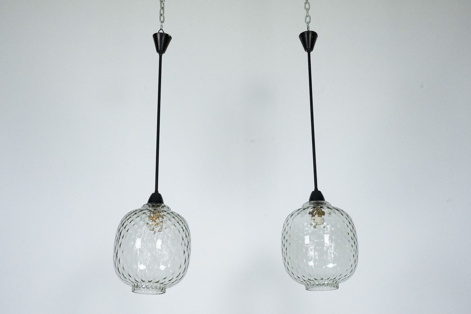 Pair Of Mid Century Pendant Lamps In Smoked Murano Glass, Italy, 1950s