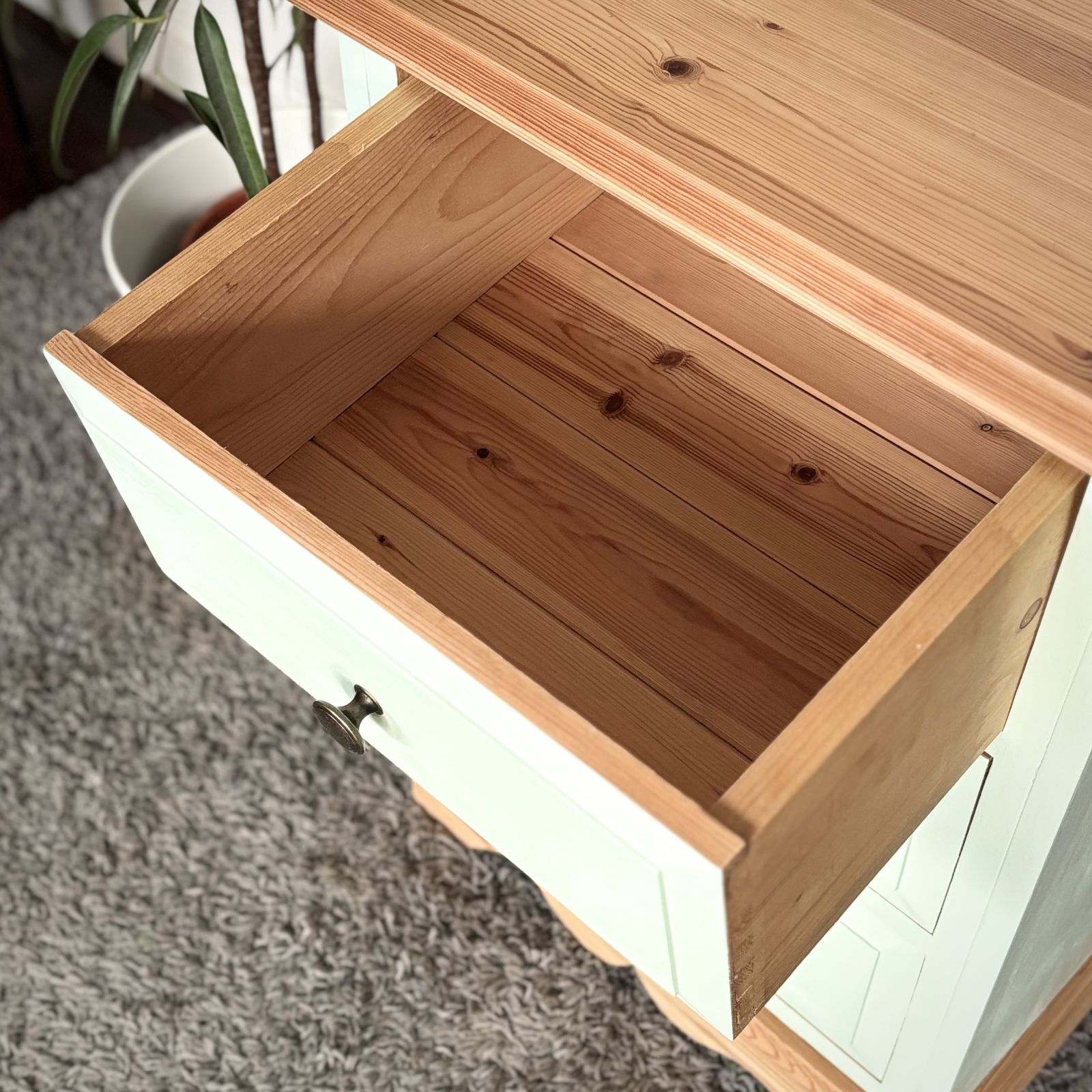 Sage Green Bedside Table – Rustic Pine Top, 3 Drawers photo for sale