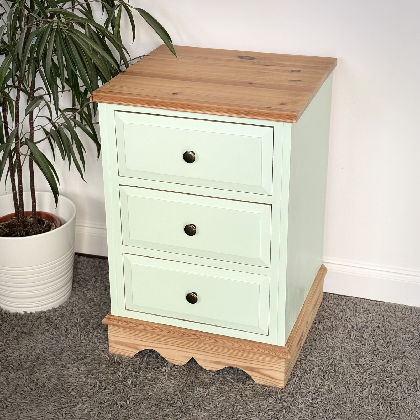 Sage Green Bedside Table – Rustic Pine Top, 3 Drawers photo Furniture