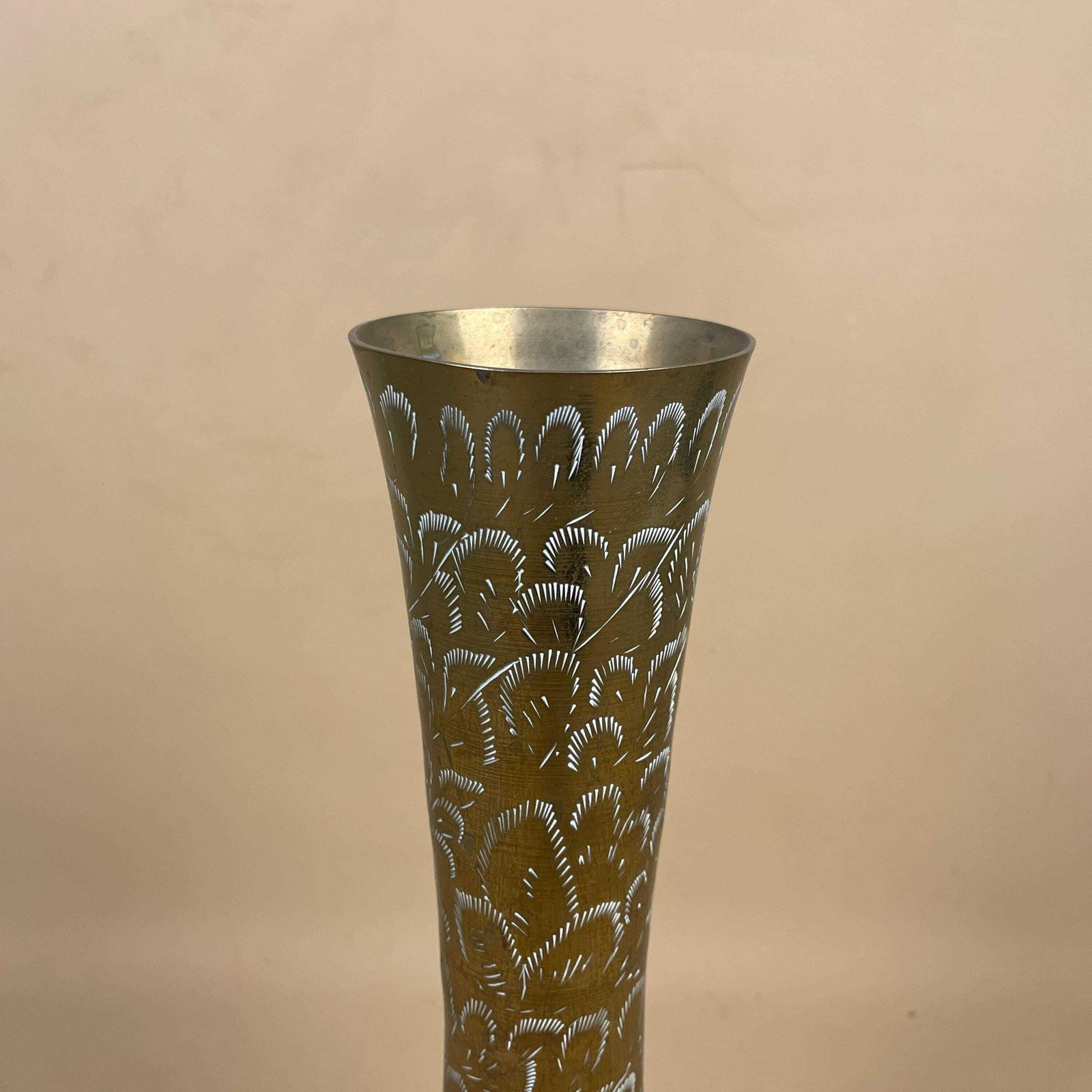 Antique Metal Gold Indian Patterned Brass Vase Pot Planter Jardiniere Handmade Engraved Etched Intricate Vintage Decorative Tall Funnel photo furniture