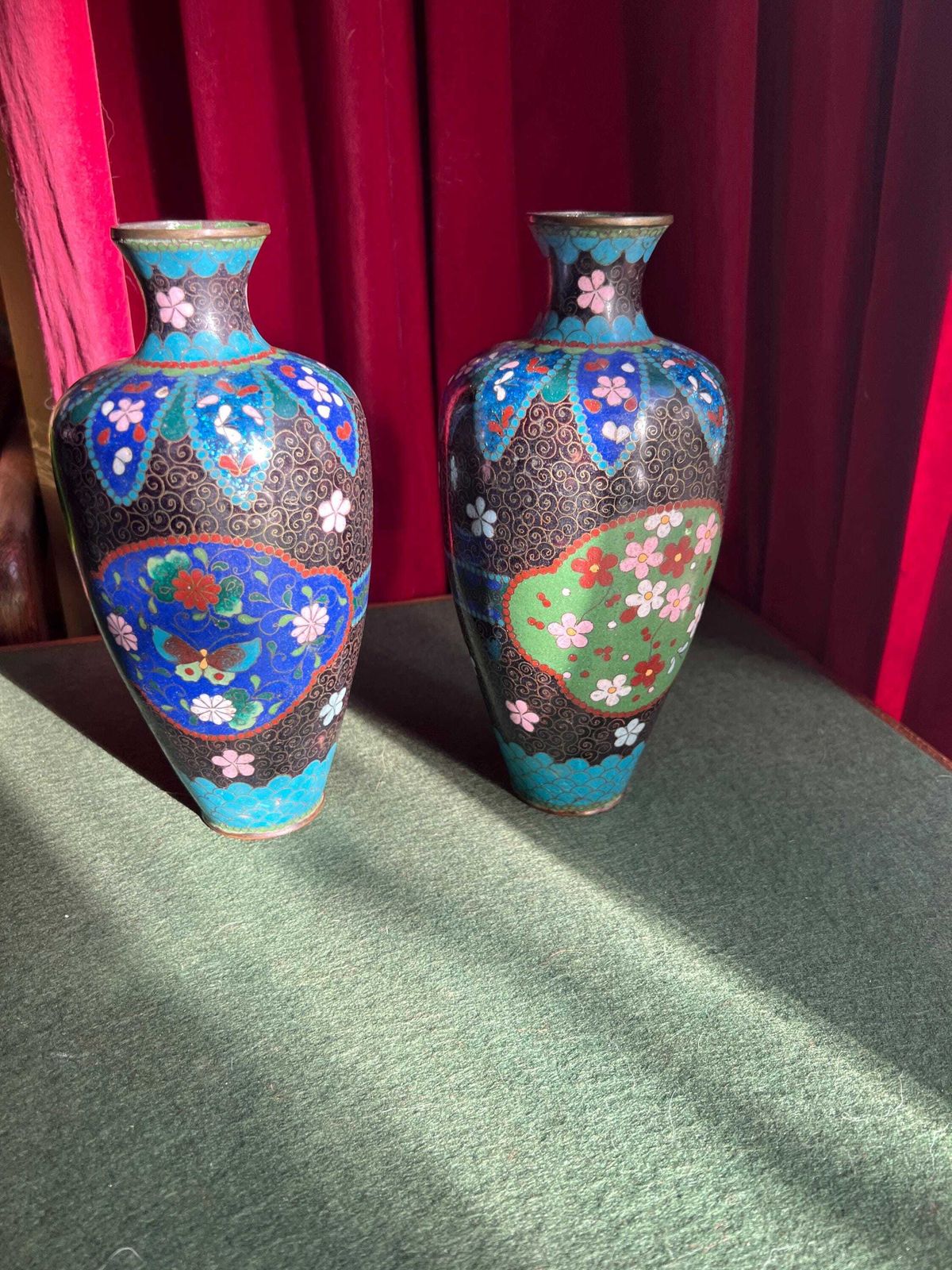 Pair Of Vintage Antique Cloisonne Vases. Matching Pair With Intricate Flowers And Butterflies. Sold As Pair Happy To Separate. photo furniture