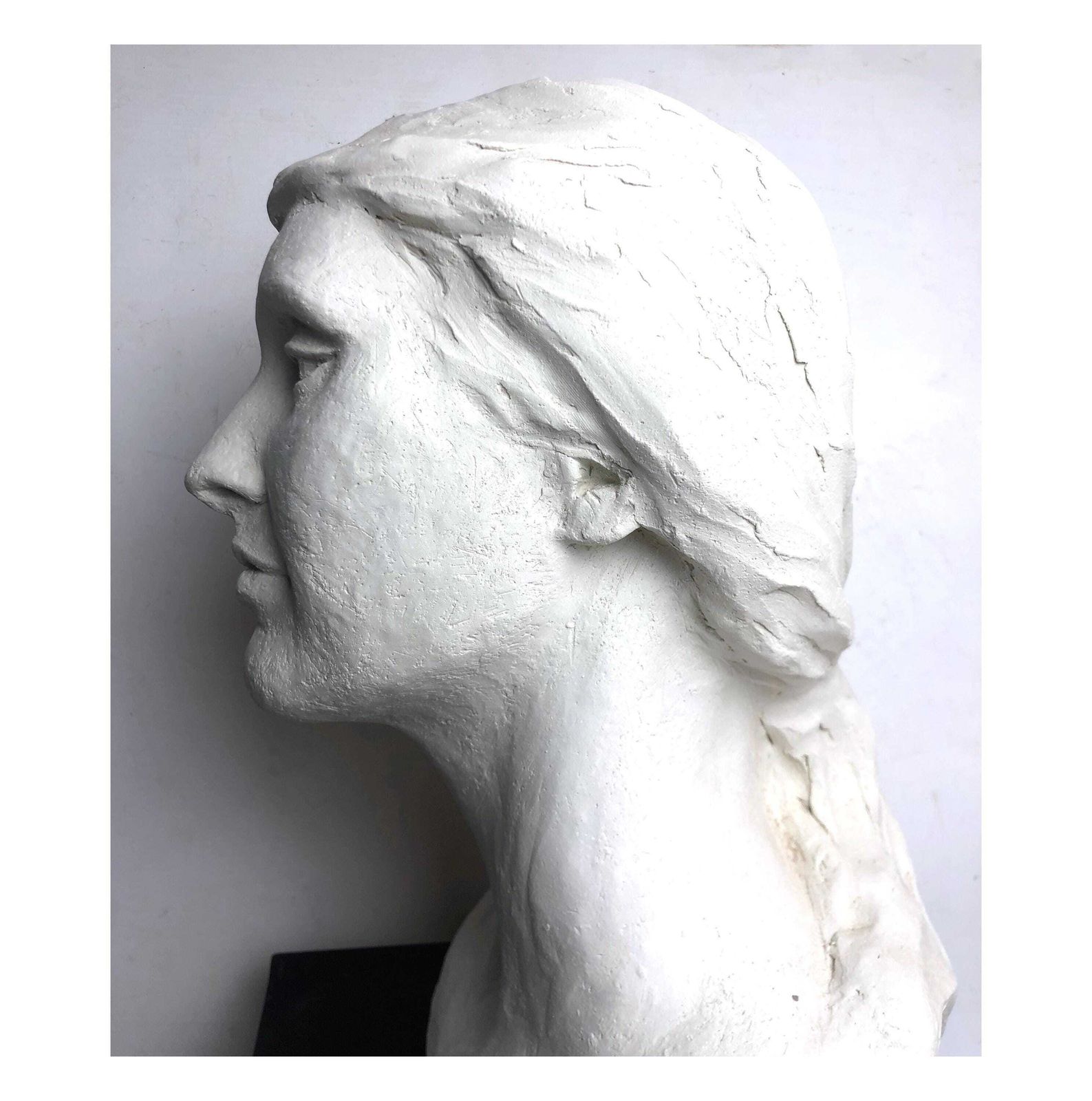 Vintage Life Size Female Head Sculpture On Black Wood Plinth White Plaster Bust Womans' Head Sculpture Art Studio Plaster Female Head Study photo 130.0
