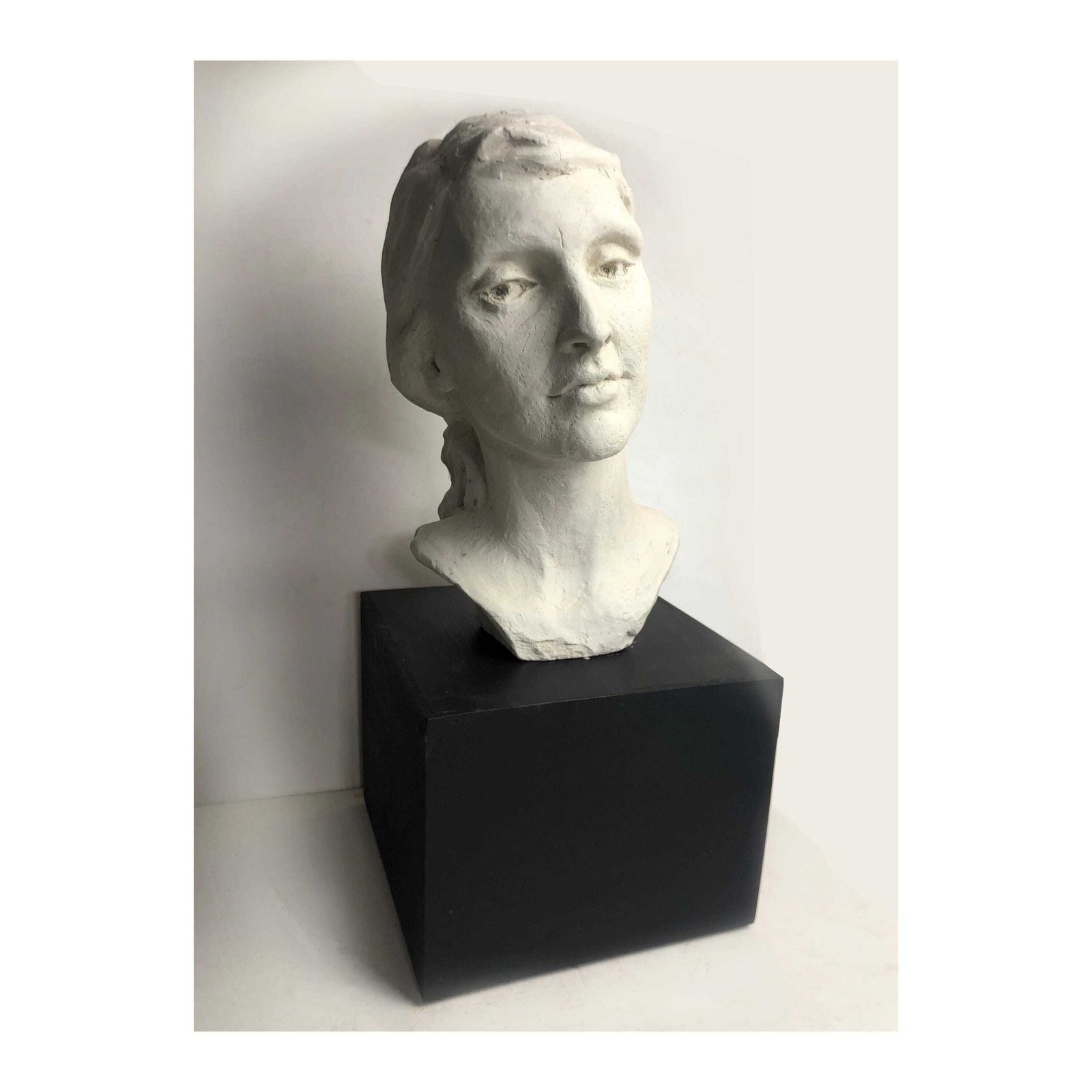 Vintage Life Size Female Head Sculpture On Black Wood Plinth White Plaster Bust Womans' Head Sculpture Art Studio Plaster Female Head Study photo buy