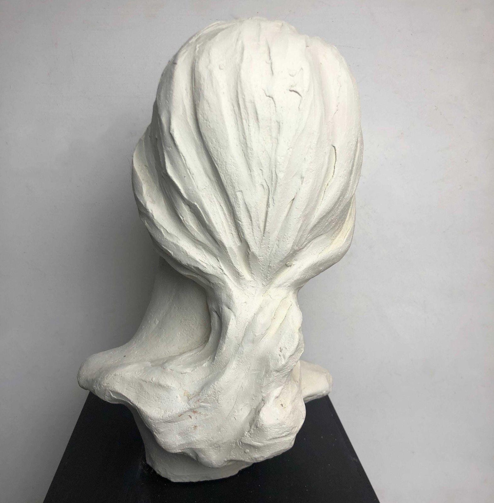 Vintage Life Size Female Head Sculpture On Black Wood Plinth White Plaster Bust Womans' Head Sculpture Art Studio Plaster Female Head Study photo vintage
