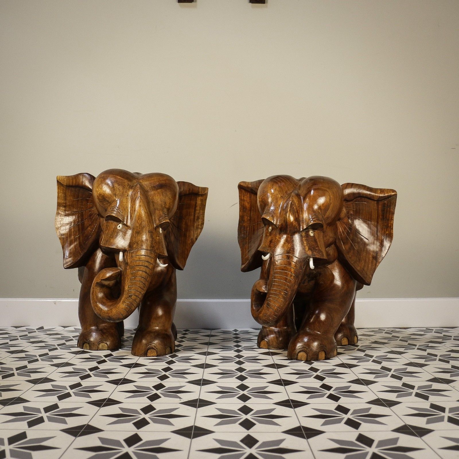 A Pair Of Large Teak Elephants Mid Century 57cm 22.5inches High photo for sale