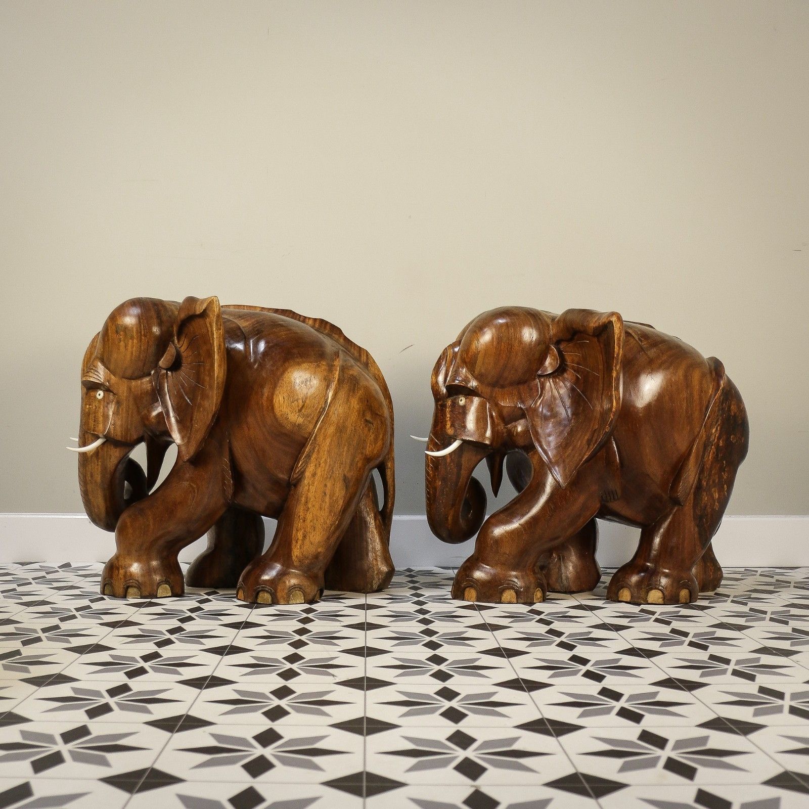 Art A Pair Of Large Teak Elephants Mid Century 57cm 22.5inches High photo