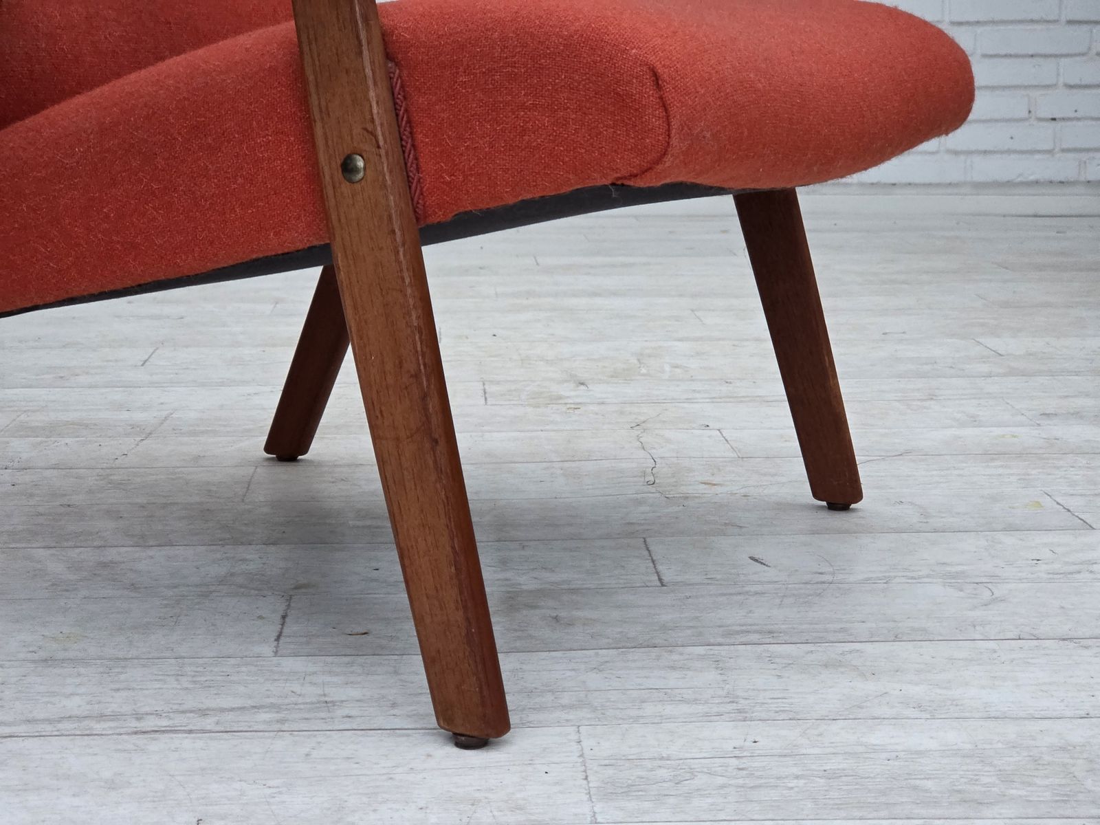 1970s, Danish Highback Armchair, Orange Furniture Wool, Teak Wood, Oak Wood. photo for sale