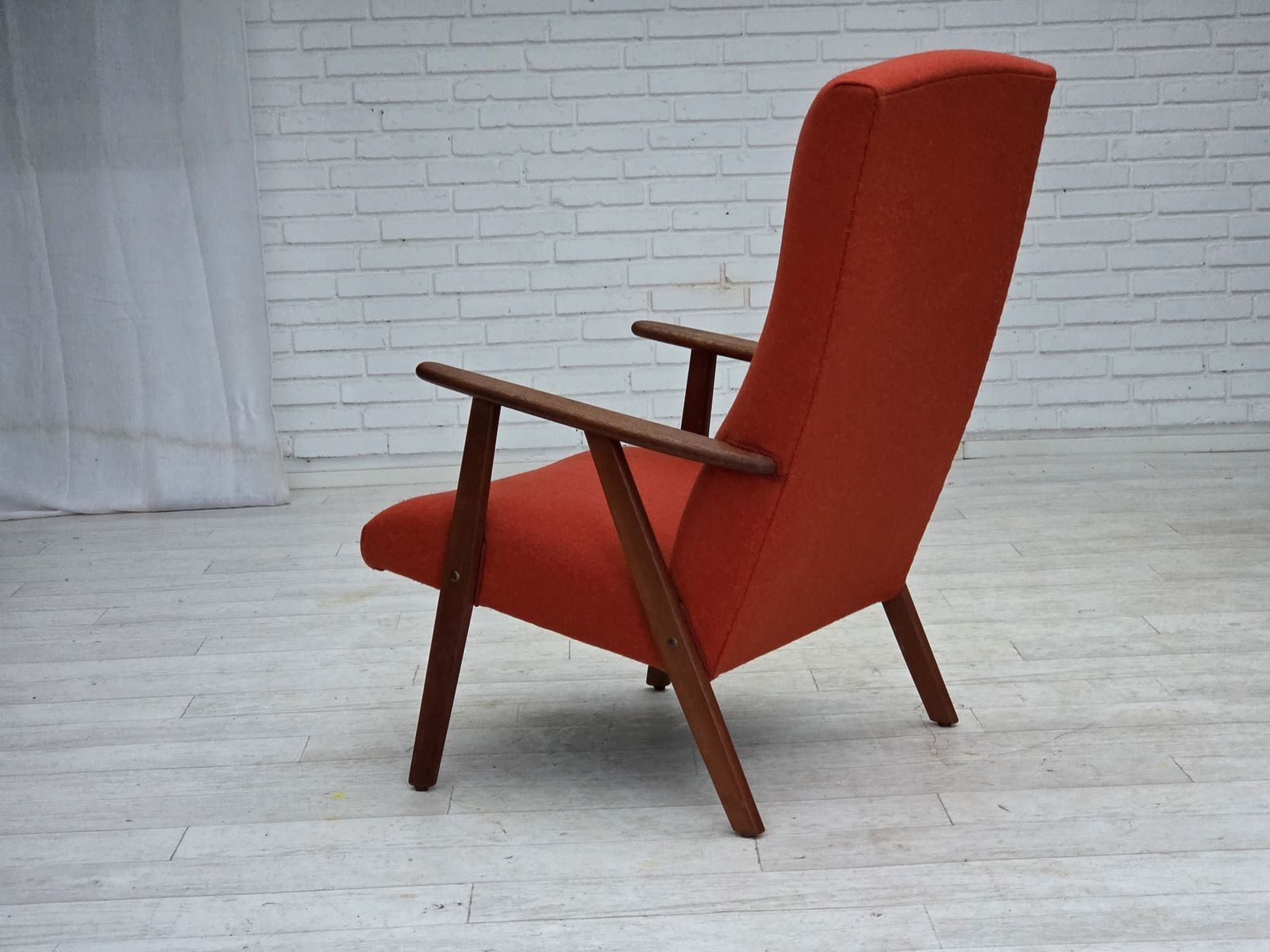 880.0 1970s, Danish Highback Armchair, Orange Furniture Wool, Teak Wood, Oak Wood. photo