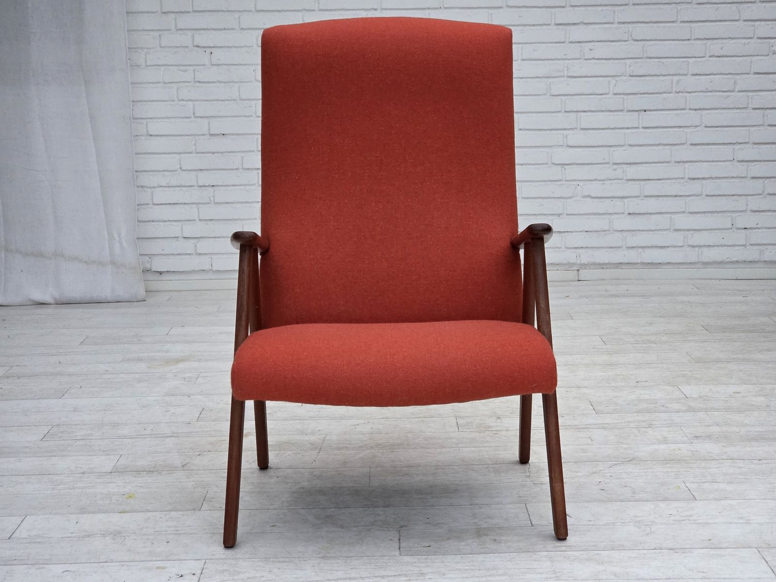 photo buy 1970s, Danish Highback Armchair, Orange Furniture Wool, Teak Wood, Oak Wood.
