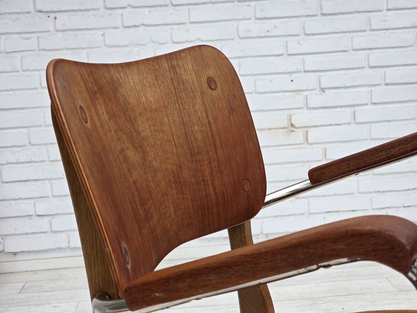 1960s, Danish Armchair, Furniture Velour, Teak Wood Armrests, Chrome Steel. photo 420.0