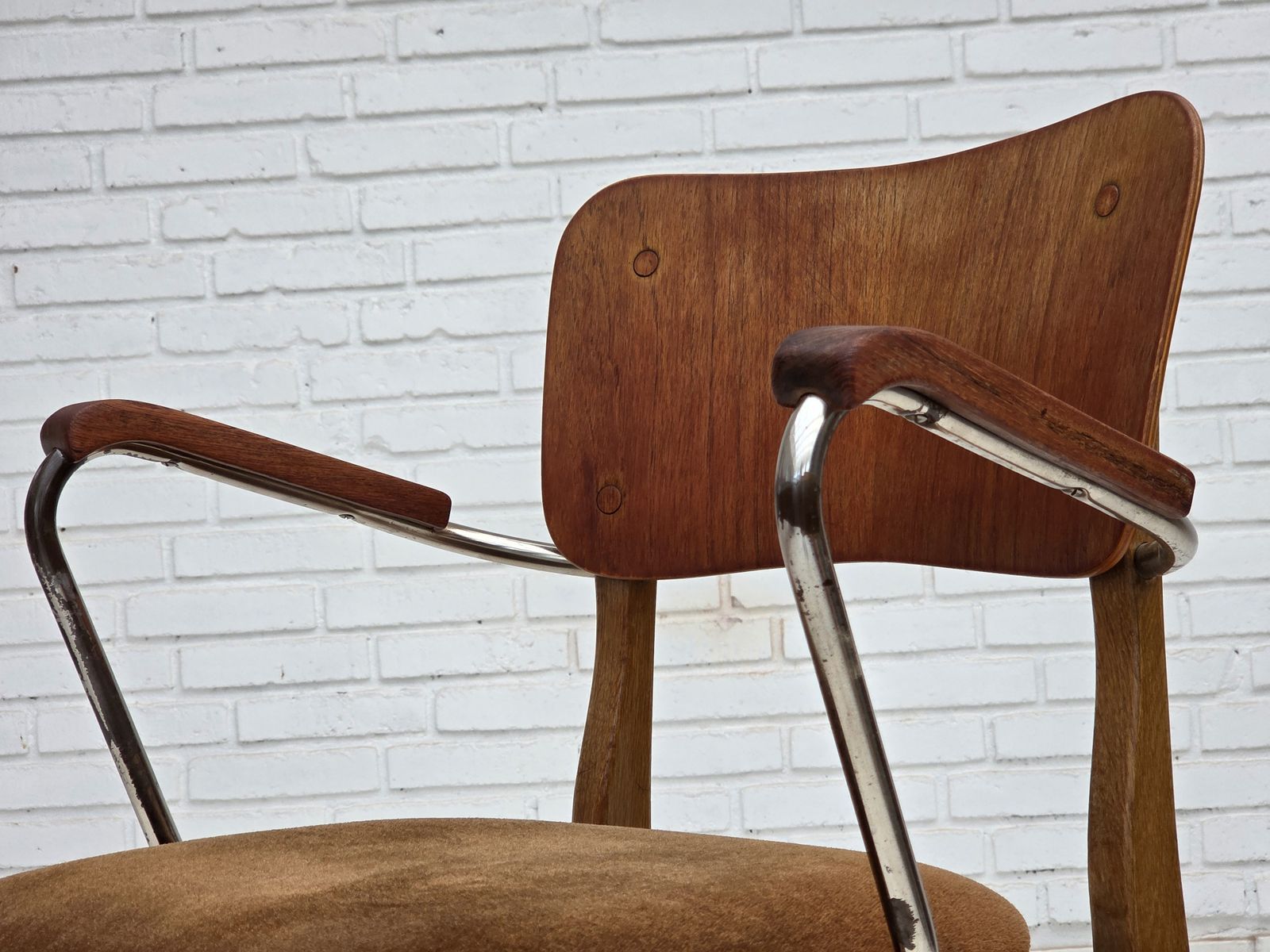 photo furniture 1960s, Danish Armchair, Furniture Velour, Teak Wood Armrests, Chrome Steel.
