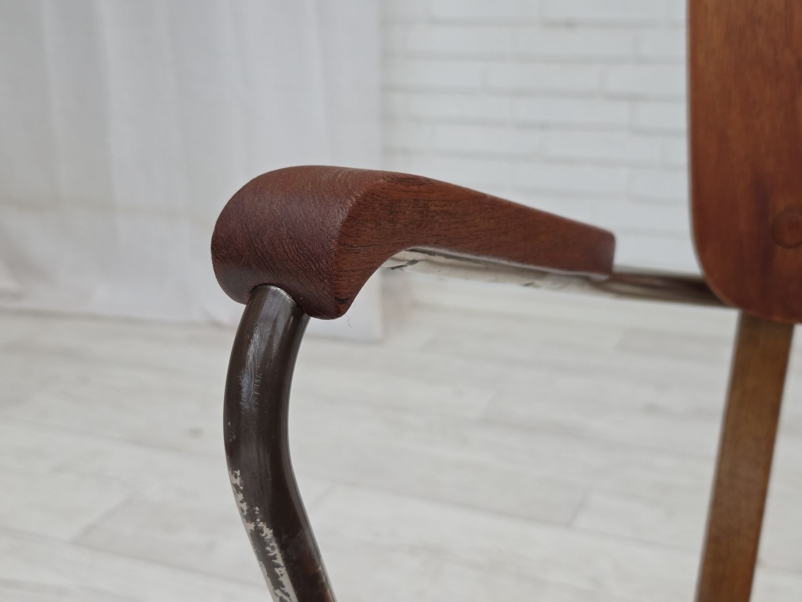 Furniture 1960s, Danish Armchair, Furniture Velour, Teak Wood Armrests, Chrome Steel. photo