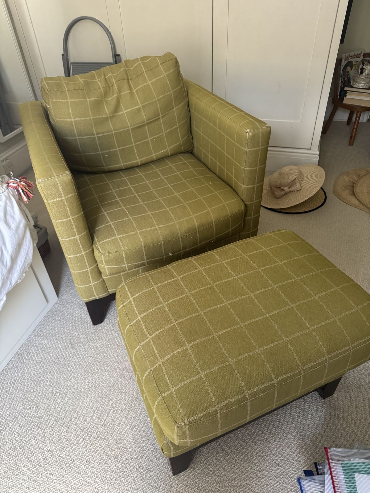 Chair And Ottoman In Green Mulberry Windowpane Fabric