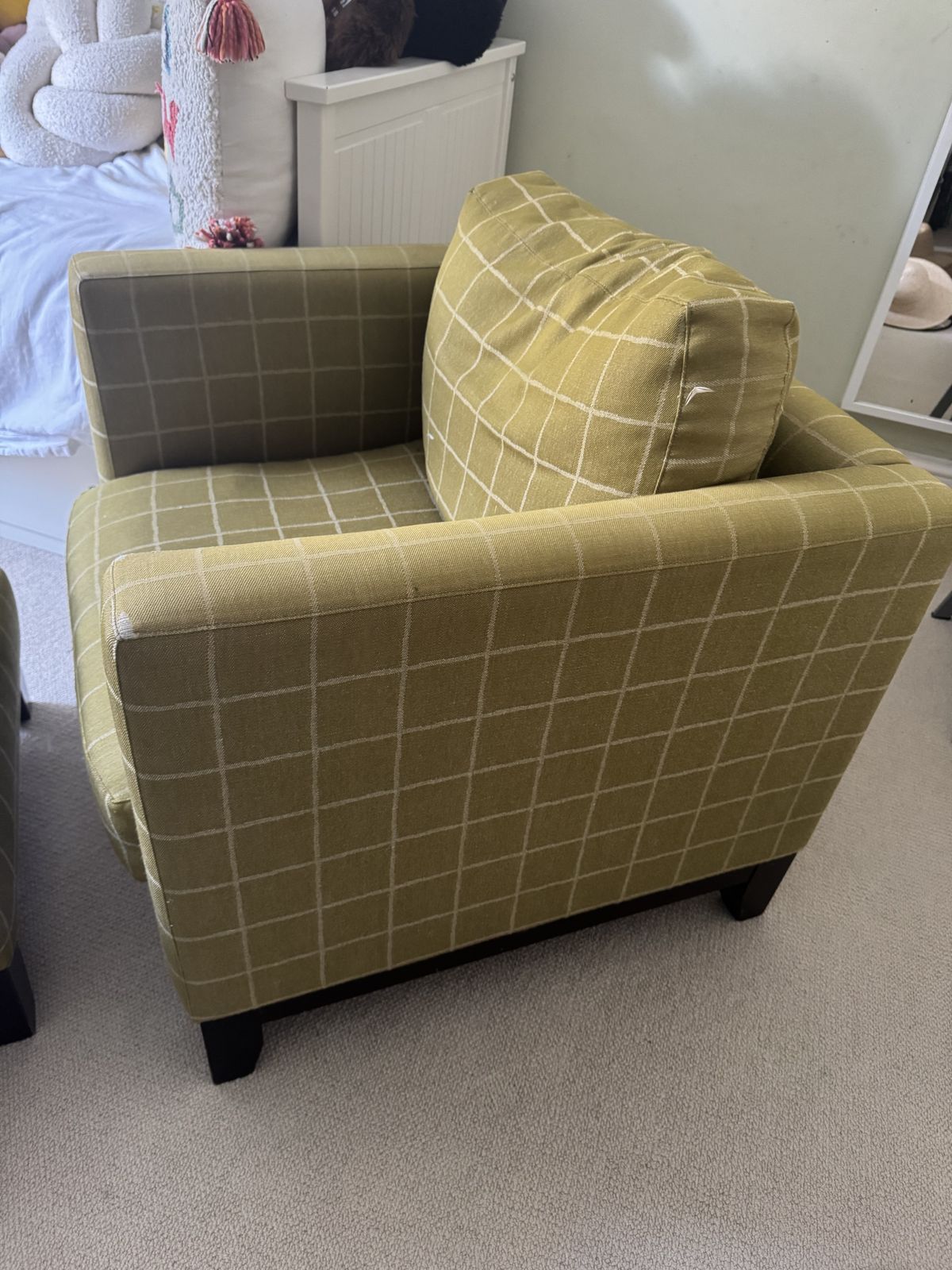 Chair And Ottoman In Green Mulberry Windowpane Fabric photo for sale