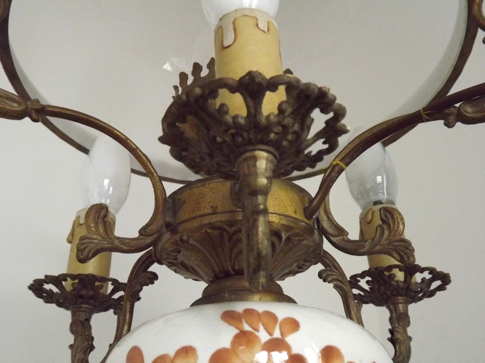 photo for sale Antique French Country 4 Light Lantern Hanging Light Opaque Glass Shade & Floral Finial
