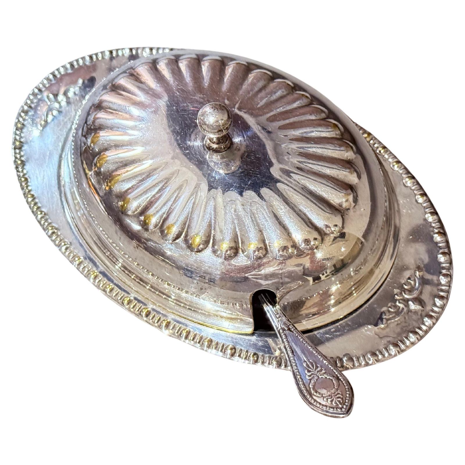 Antique Silver Butter Dish With Crystal Liner & Spoon, Elegant Vintage Tableware