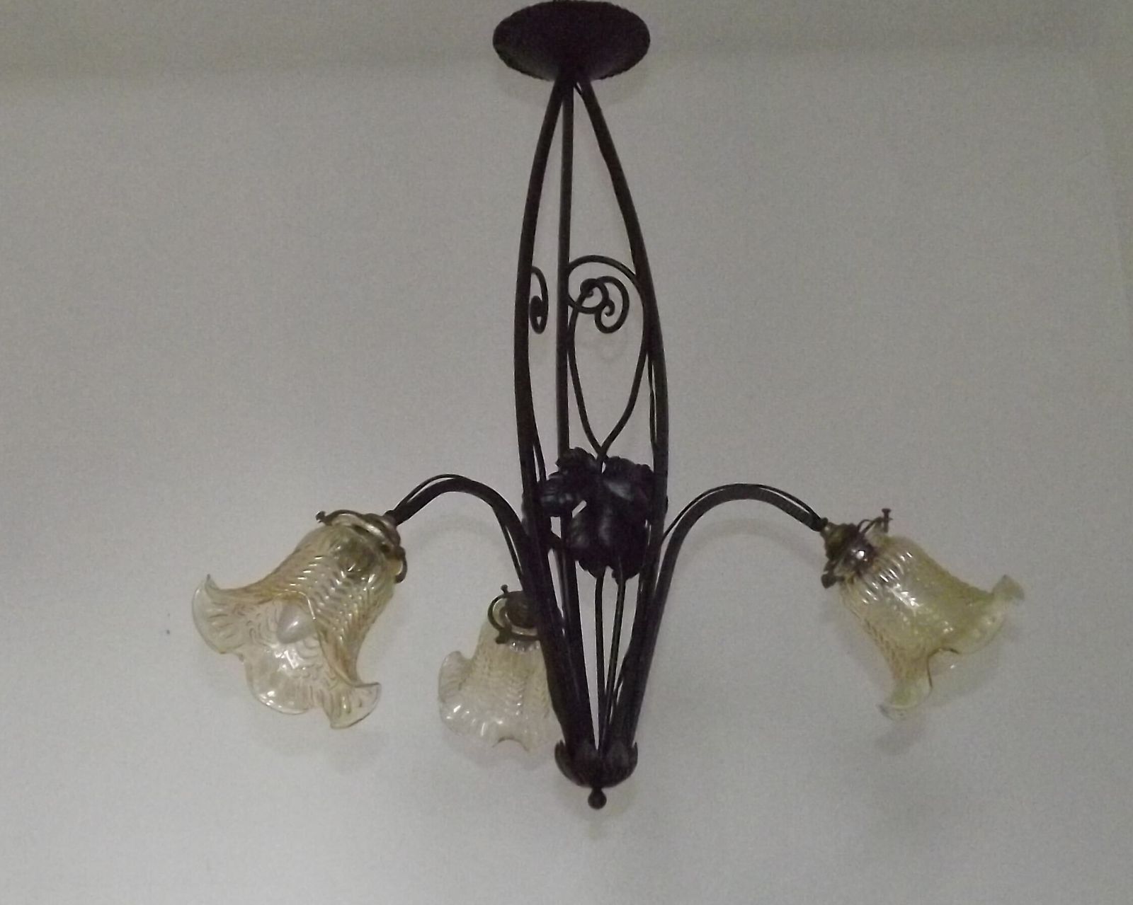 French Art Nouveau Leaf Detail Iron 3 Light Chandelier Amber Glass Shades 4001 photo for sale
