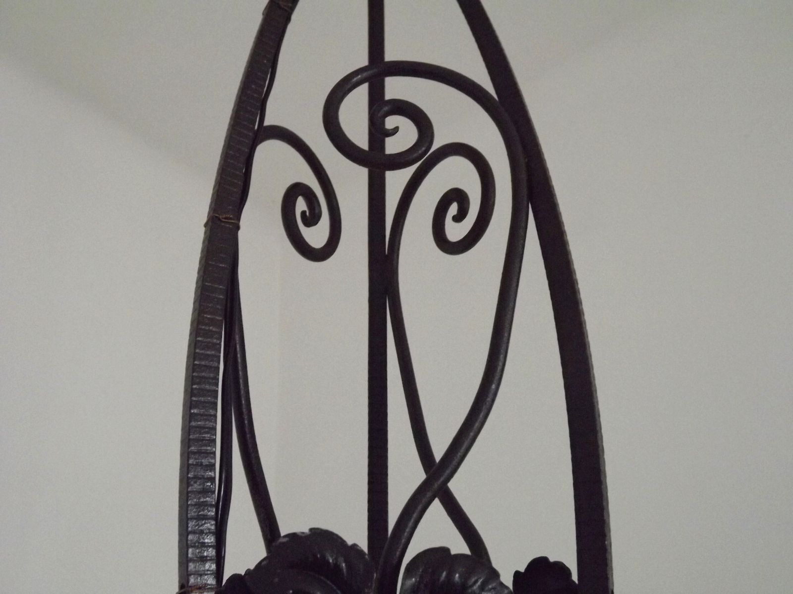 French Art Nouveau Leaf Detail Iron 3 Light Chandelier Amber Glass Shades 4001 photo 240.0