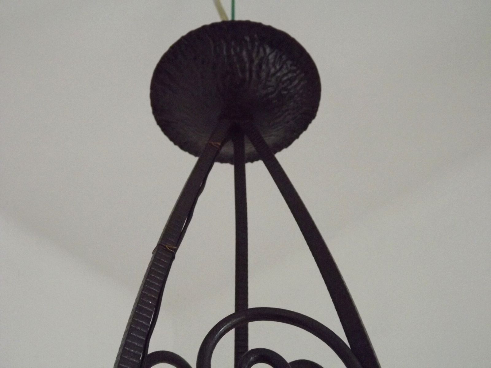 French Art Nouveau Leaf Detail Iron 3 Light Chandelier Amber Glass Shades 4001 photo vinterior