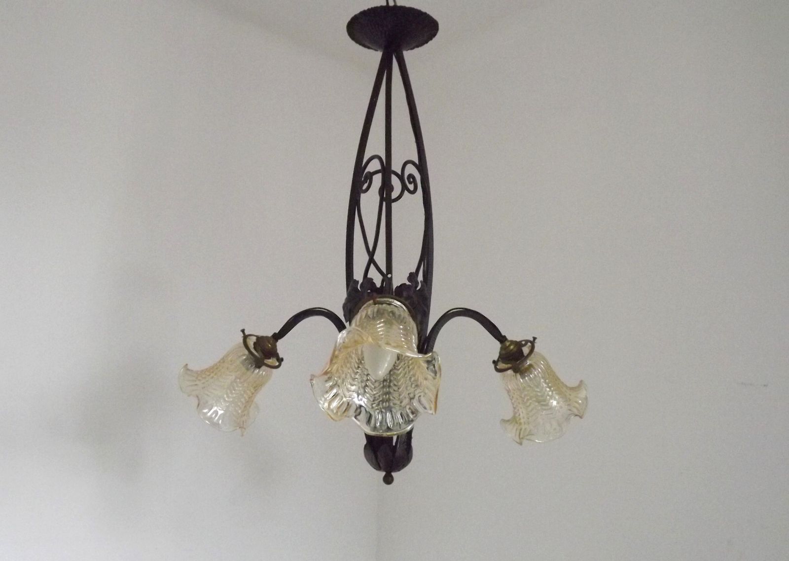French Art Nouveau Leaf Detail Iron 3 Light Chandelier Amber Glass Shades 4001 photo vintage
