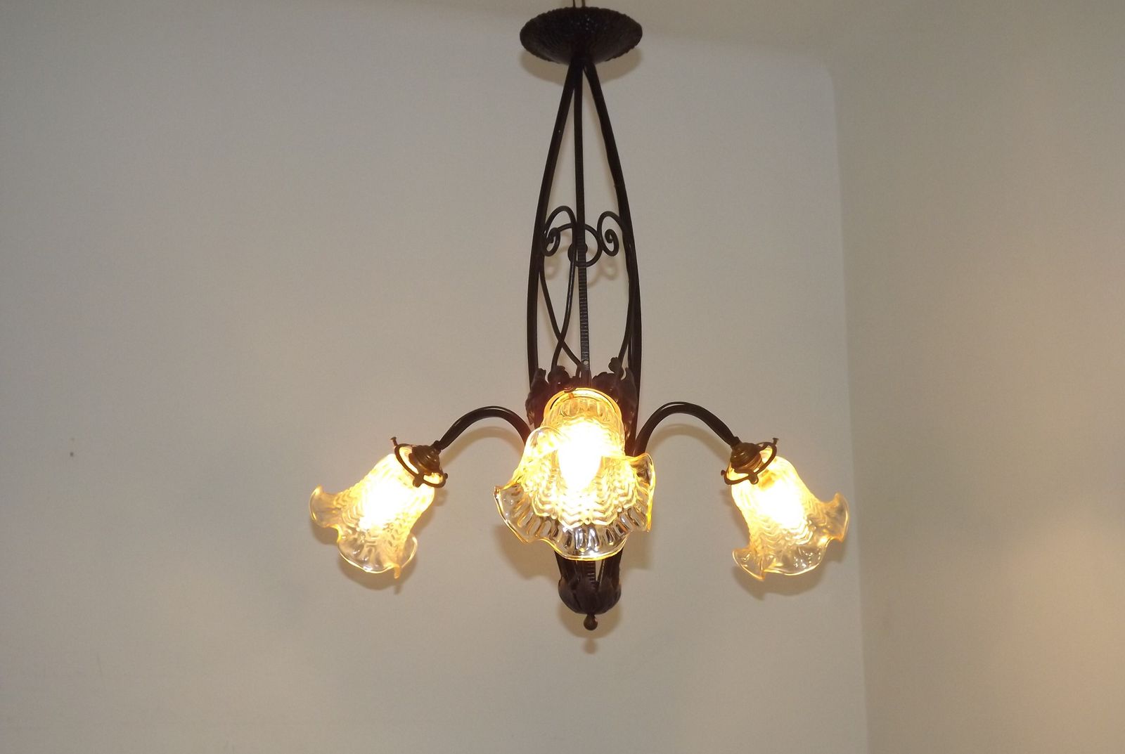 photo for sale French Art Nouveau Leaf Detail Iron 3 Light Chandelier Amber Glass Shades 4001