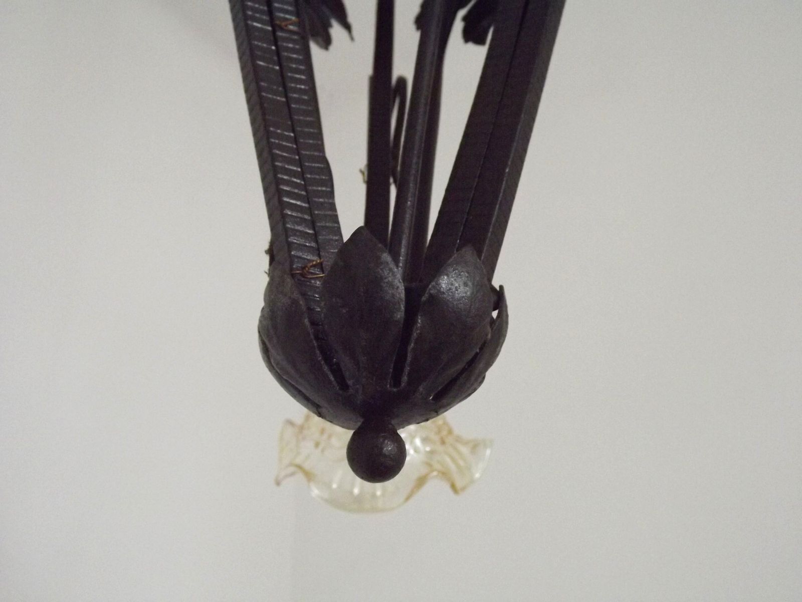 photo vinterior French Art Nouveau Leaf Detail Iron 3 Light Chandelier Amber Glass Shades 4001