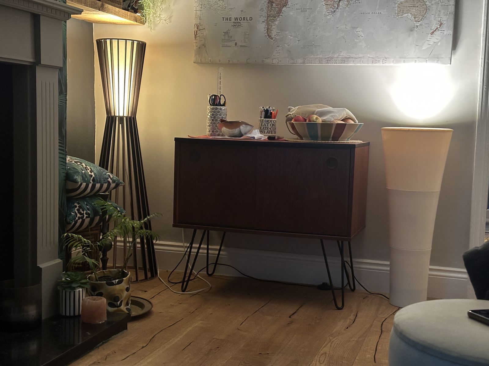Tall Wooden Floor Lamp Black/Tan Slatted Wood Contemporary Mid Century Hour Glass photo buy