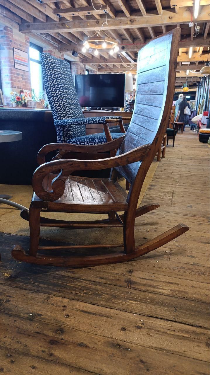 Hand Carved Teak Rocking Chair – Rustic Colonial Revival Style photo for sale