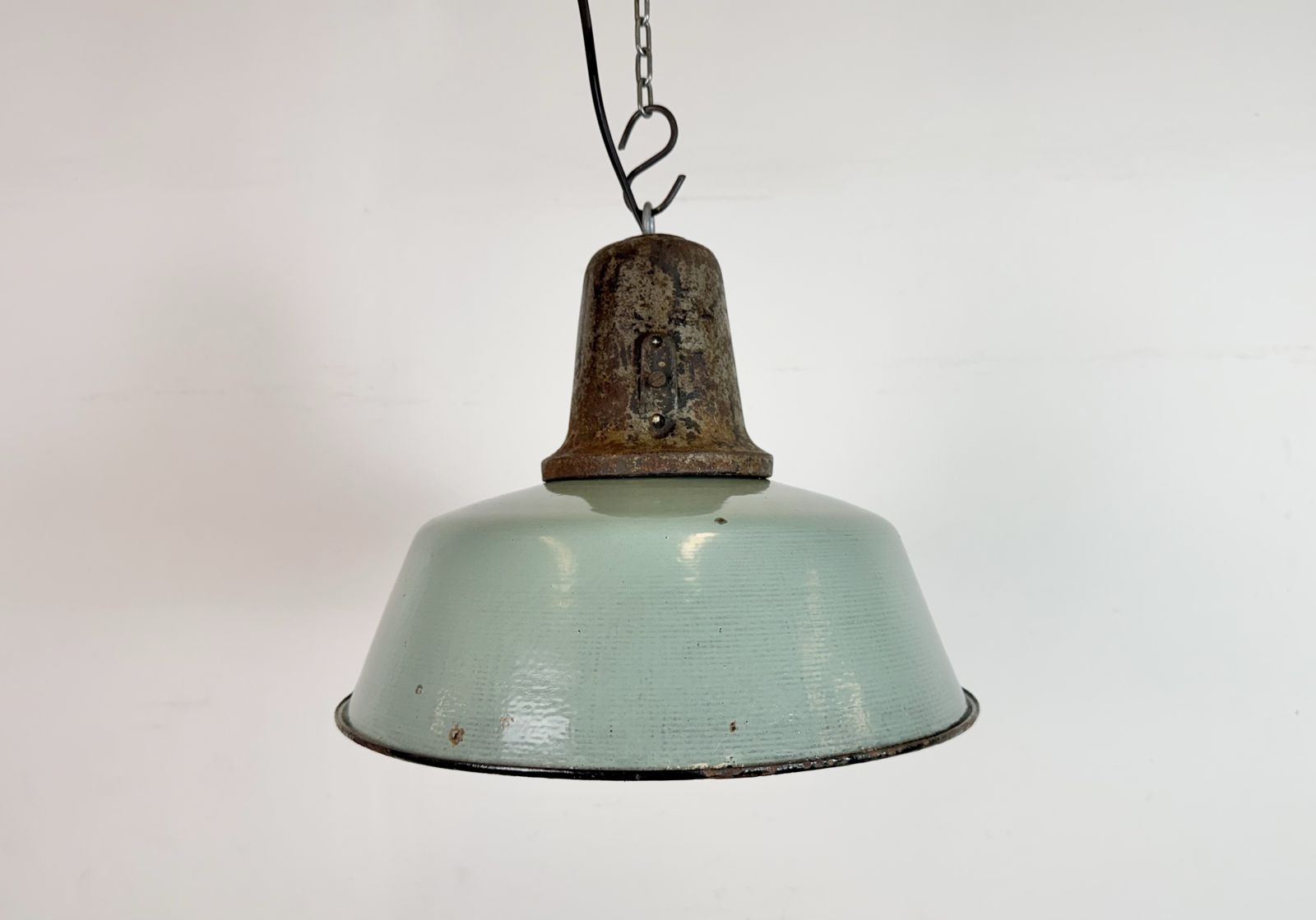 Industrial Petrol Enamel Factory Lamp With Cast Iron Top, 1960s photo furniture