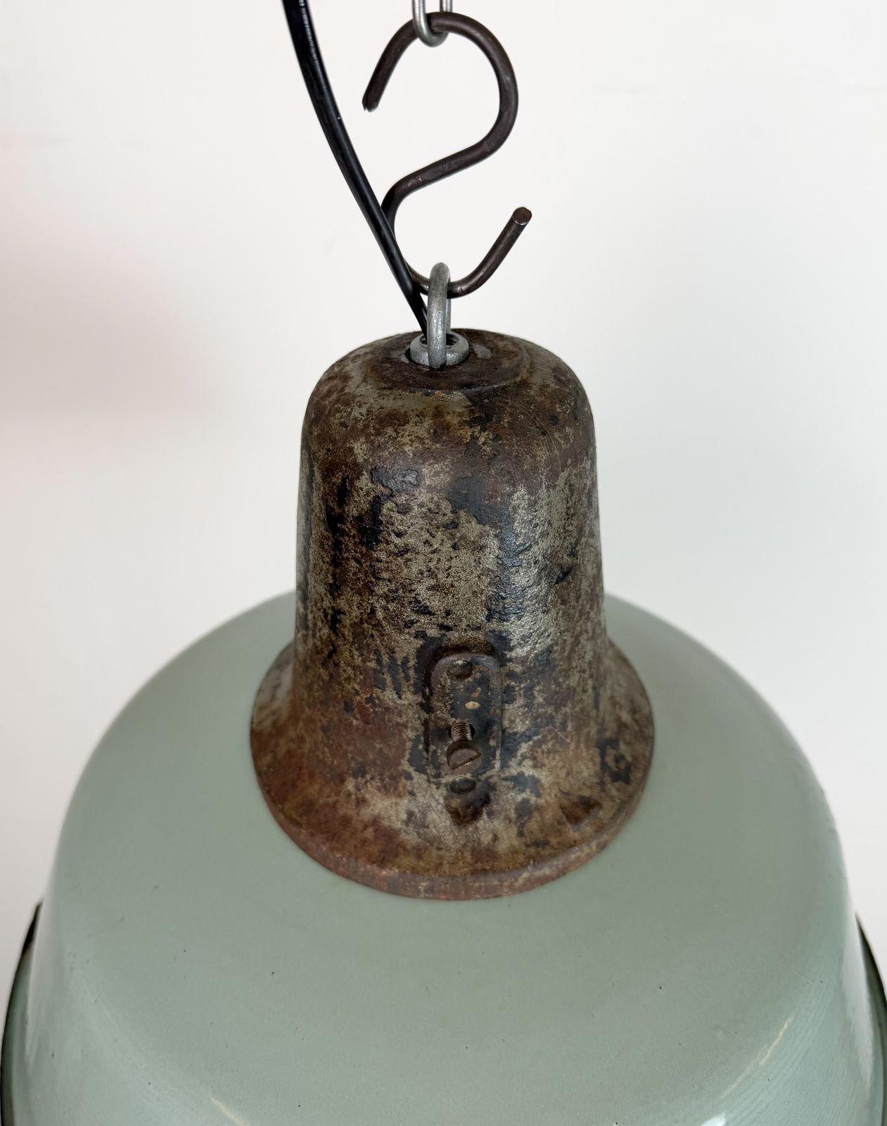 Industrial Petrol Enamel Factory Lamp With Cast Iron Top, 1960s photo vintage