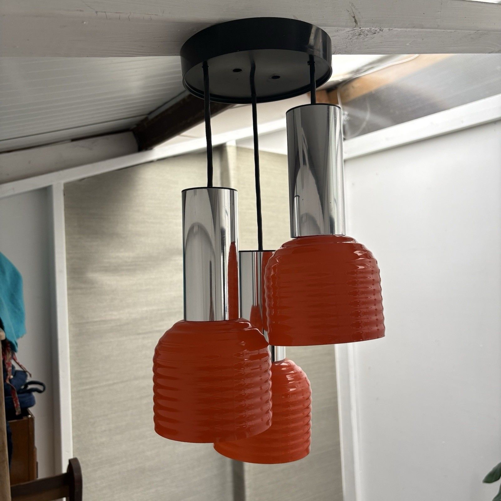 A Vintage 1960s Atomic Thorn Atlas Orange Ribbed Glass & Chrome Pendant Lights photo 320.0