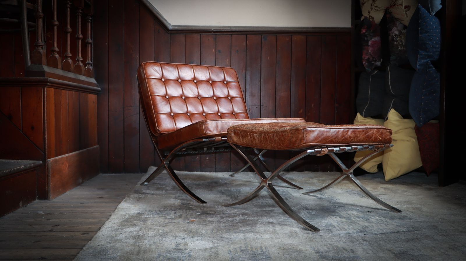 photo buy Halo Timothy Oulton Barcelona Mies Vander Rohe Style Armchair Footstool Leather
