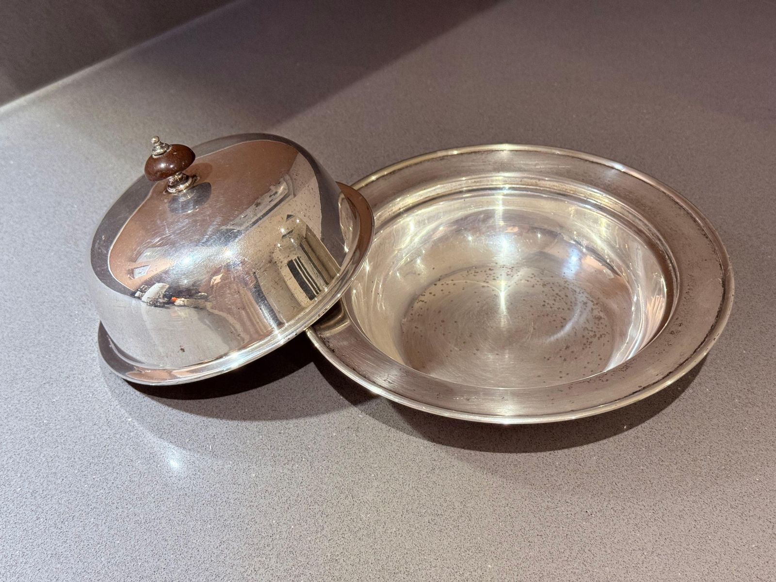 Antique Silver Plated Butter Dish With Wooden Knob, Caviar Dish Tableware Home photo Home Decor