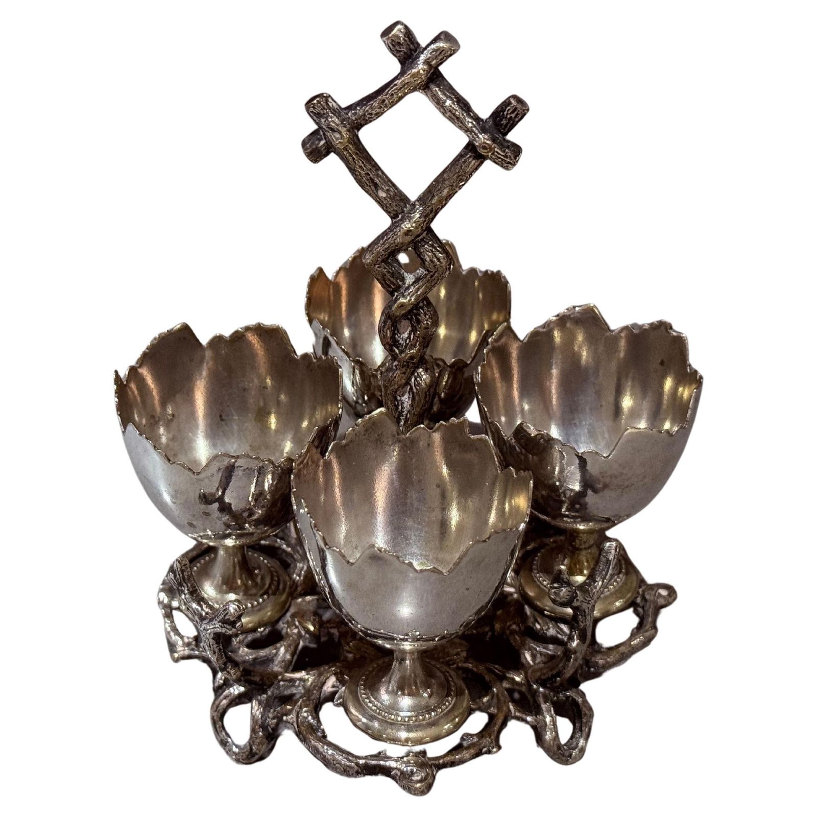 Antique Silverplated Egg Cup Stand Four Small Egg Holders Ornate Victorian Style