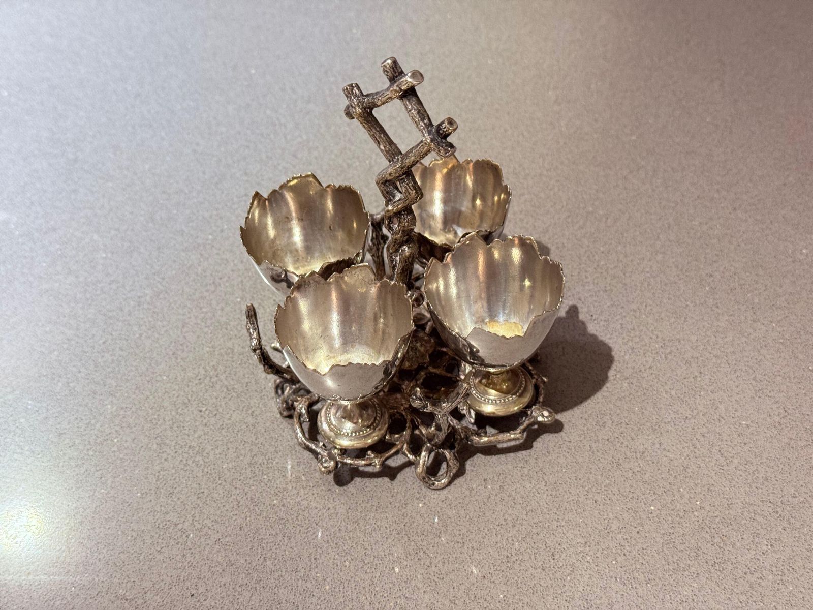 Antique Silverplated Egg Cup Stand Four Small Egg Holders Ornate Victorian Style photo for sale