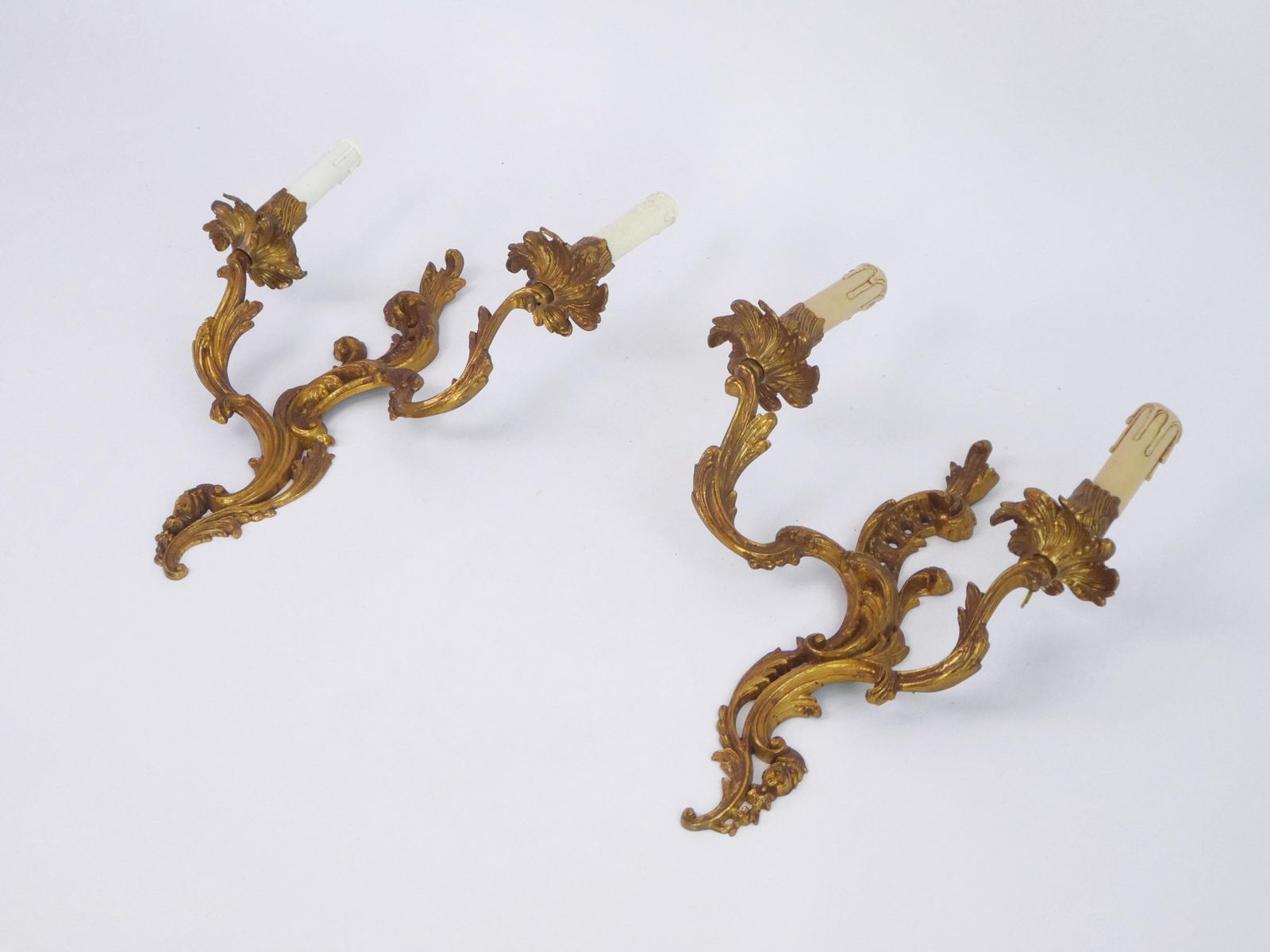 Antique French Pair Of Wall Lamps, Large Rococo Brass Wall Sconces, Pair Of Golden Appliqués photo for sale