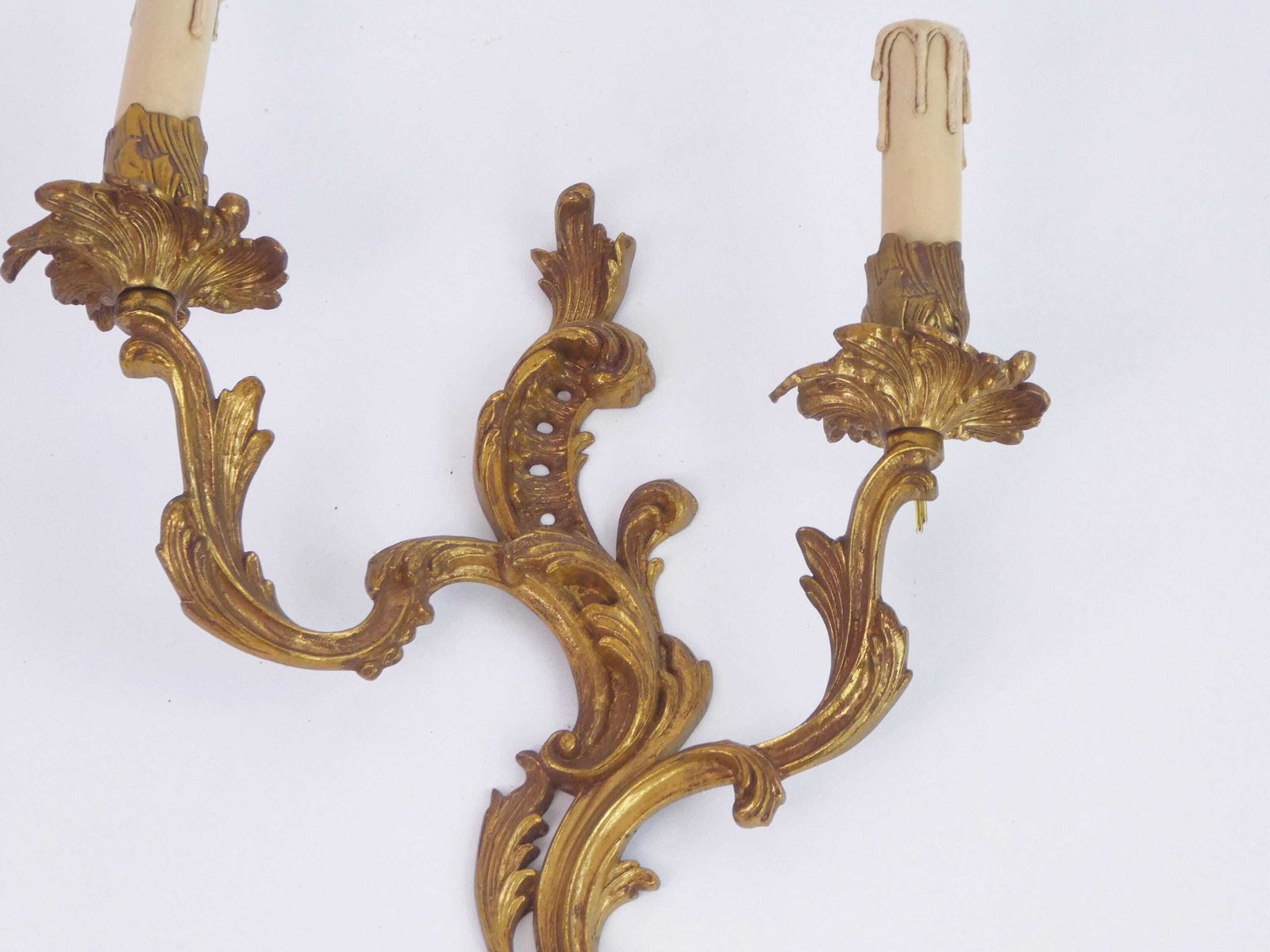 Antique French Pair Of Wall Lamps, Large Rococo Brass Wall Sconces, Pair Of Golden Appliqués photo 501.0