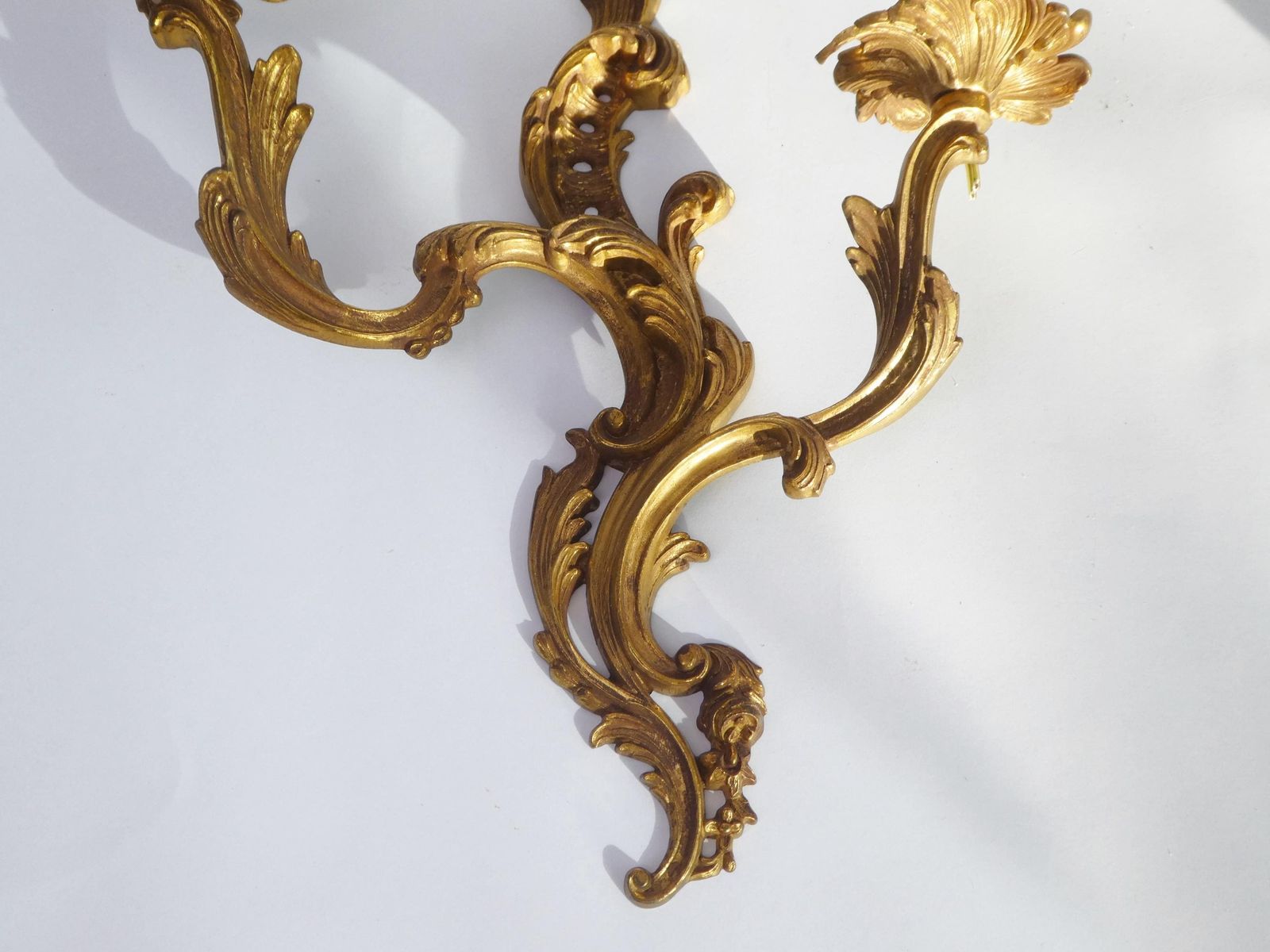 Antique French Pair Of Wall Lamps, Large Rococo Brass Wall Sconces, Pair Of Golden Appliqués photo buy