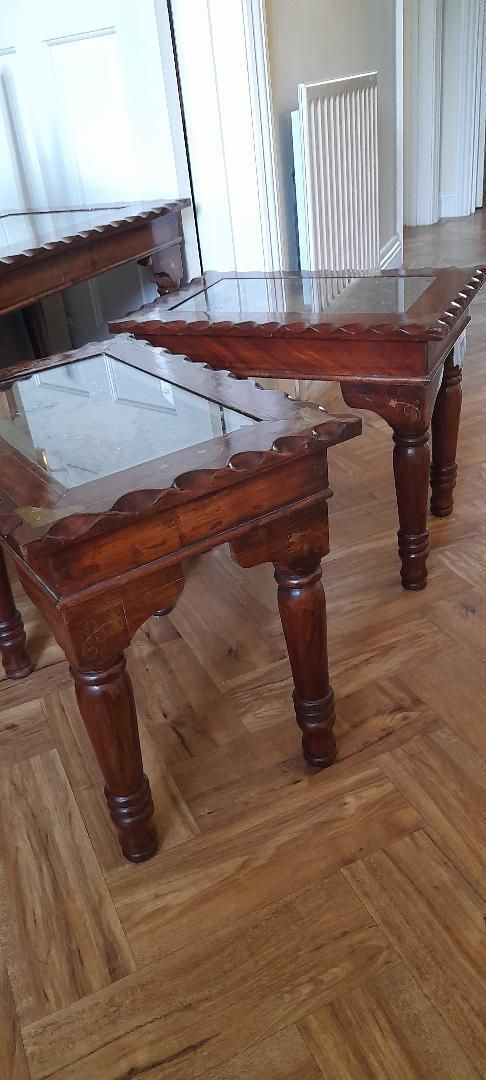 Long John Coffee + 2 Side Tables Nest Carved Indian Inlaid Cherrywood Glass photo vintage