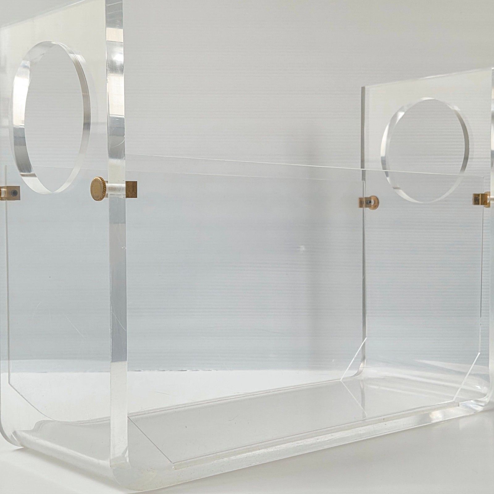 Vintage 1970 Michel Dumas Plexiglass & Brass Magazine Rack 70s Retro Chic photo furniture
