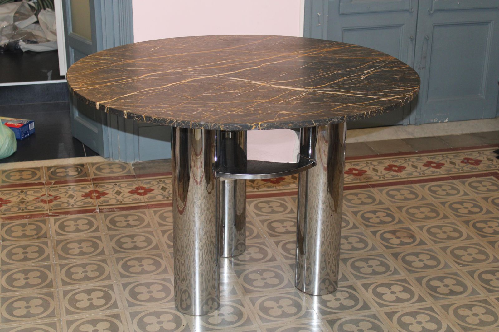 Dining Table With Steel Leg And Portoro Marble Top, 1970s Italy photo furniture