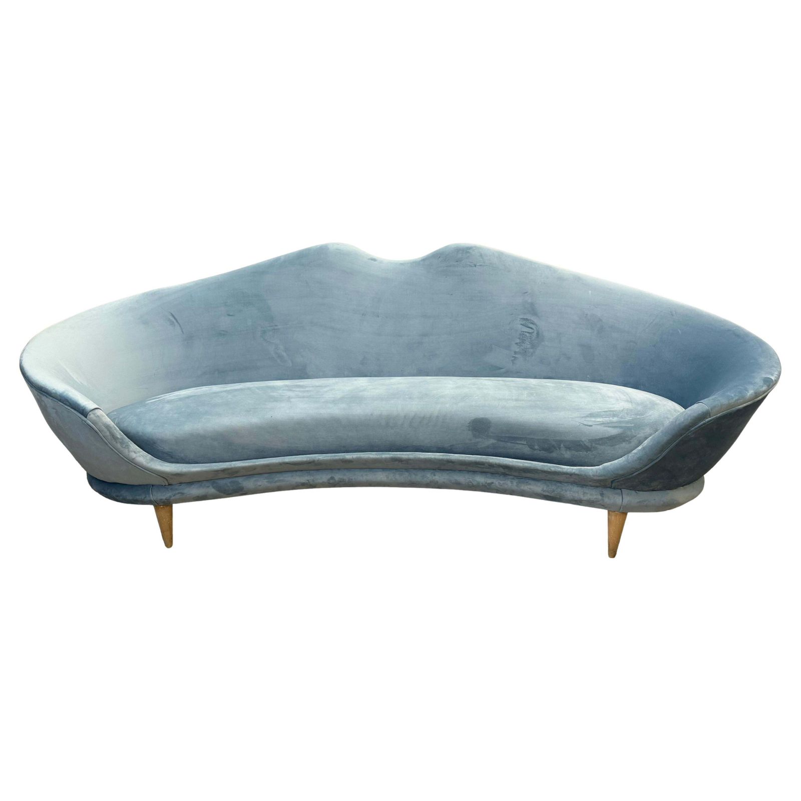 Cesare Lacca Curved Sofa, 1950s, Mid Century Wooden Cone Shaped Feet