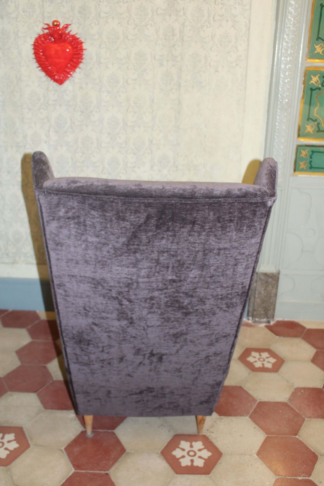 photo furniture Italian Wingback Armchair By Paolo Buffa, 1950, Grey Velvet, Wooden Legs.
