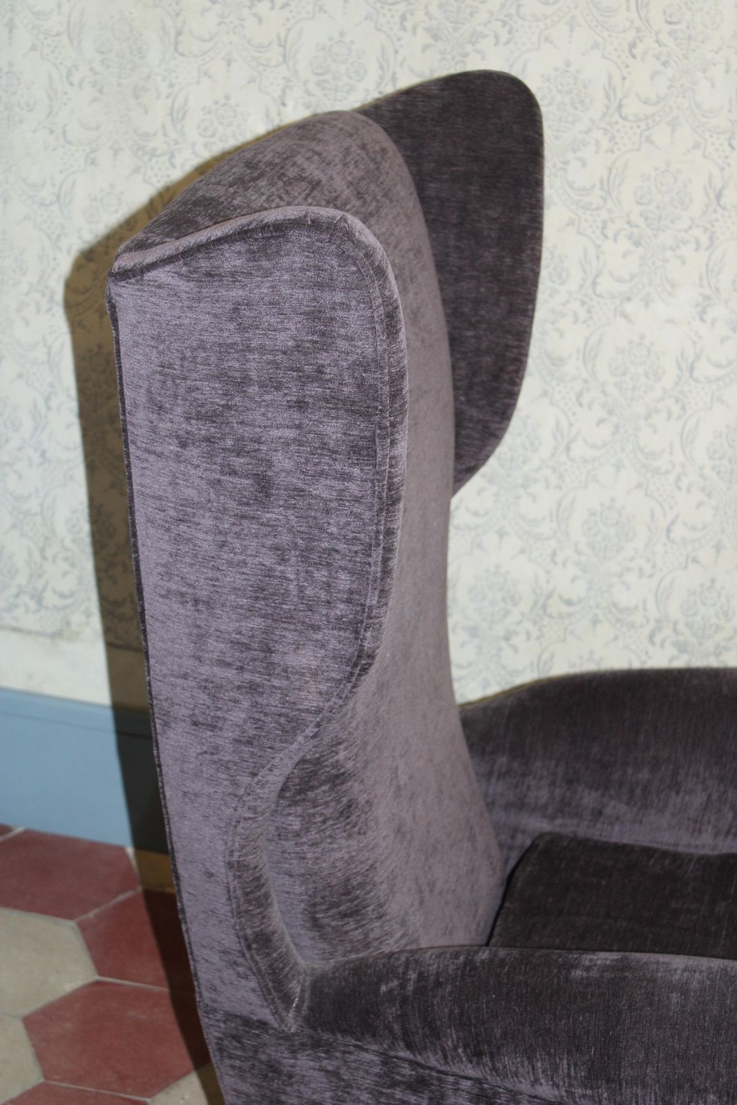 photo for sale Italian Wingback Armchair By Paolo Buffa, 1950, Grey Velvet, Wooden Legs.