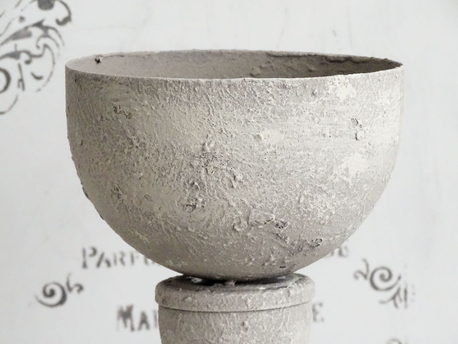 Tall Metal Urn Vase Stone Effect, Gray Distressed Trophy Cup, Shabby Chic Planter, Pedestal Plant Pot photo furniture