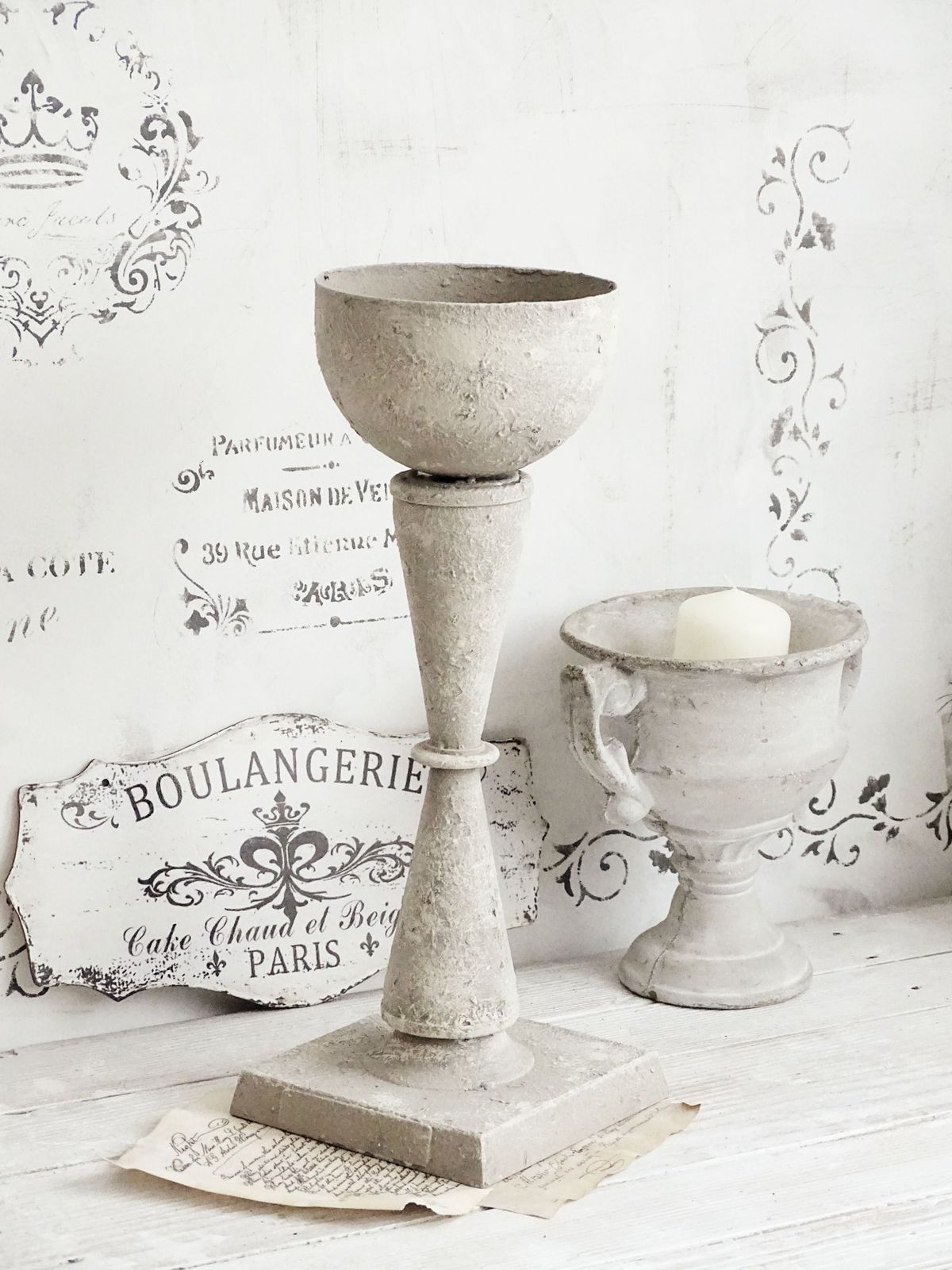 Tall Metal Urn Vase Stone Effect, Gray Distressed Trophy Cup, Shabby Chic Planter, Pedestal Plant Pot photo vintage